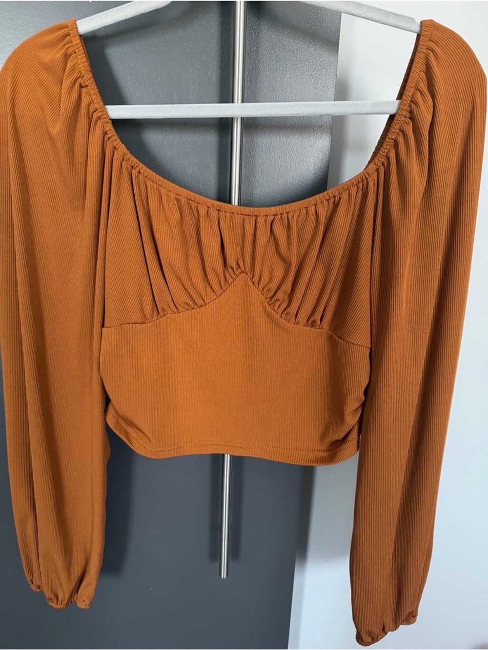SHEIN Rust Brown Ribbed Square Neck Puff Sleeve Crop Top L NWOT